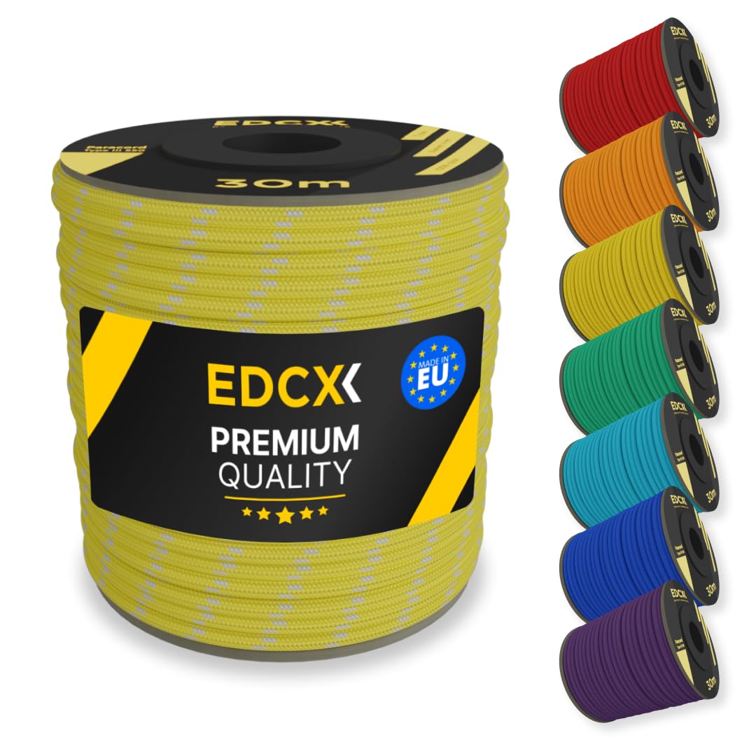EDCX 4mm Nylon Paracord 550 30m (100 feet) | Ideal for Camping, Survival, Outdoor, Crafting, DIY | 100% Nylon Rope 4mm | Paracord 550 Type III in Solid Color (Reflective Yellow, 30 m)