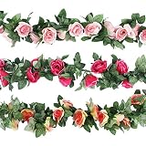 CEWOR 3pcs (22.6 Feet) Artificial Rose Vine Fake Flower Garland for Wedding Home Garden Party Decoration (Champagne, Pink, Hot Pink) (Colorful)