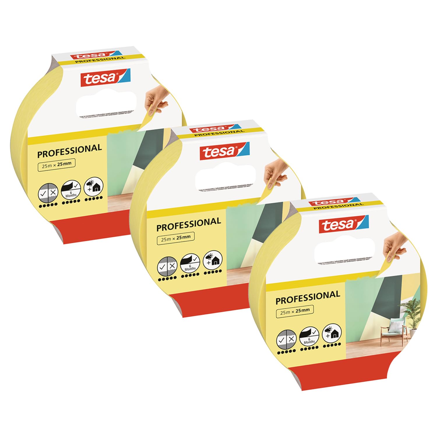 tesa Masking Tape Professional - Painter's tape made of thin Washi paper for particularly precise masking during painting work - for indoors and outdoors - 3x 25 m x 25 mm