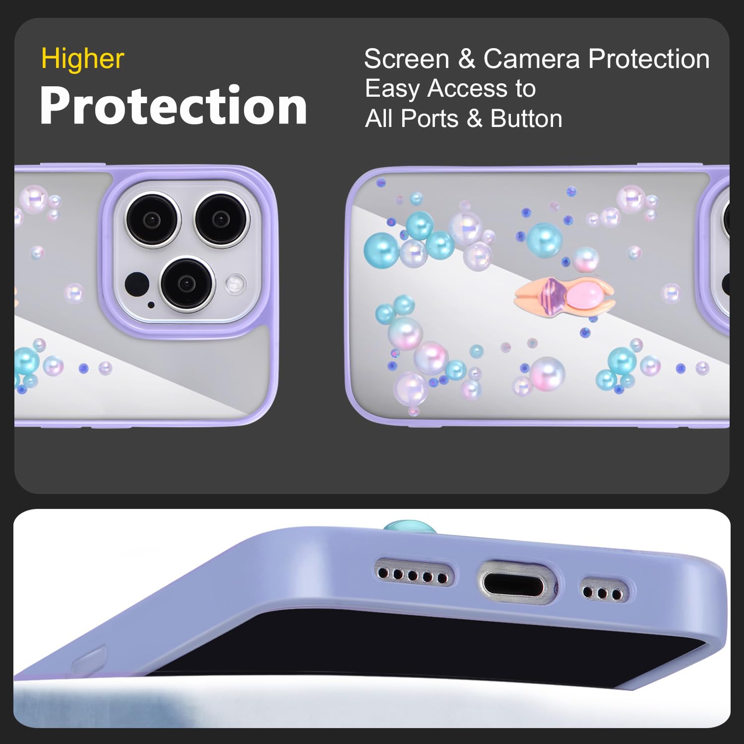TzoMartico Case for iPhone 15 Pro Case 6.1 inch, Shockproof Hard Case Pearl Cute Case Clear - Purple + Colorful Blue
