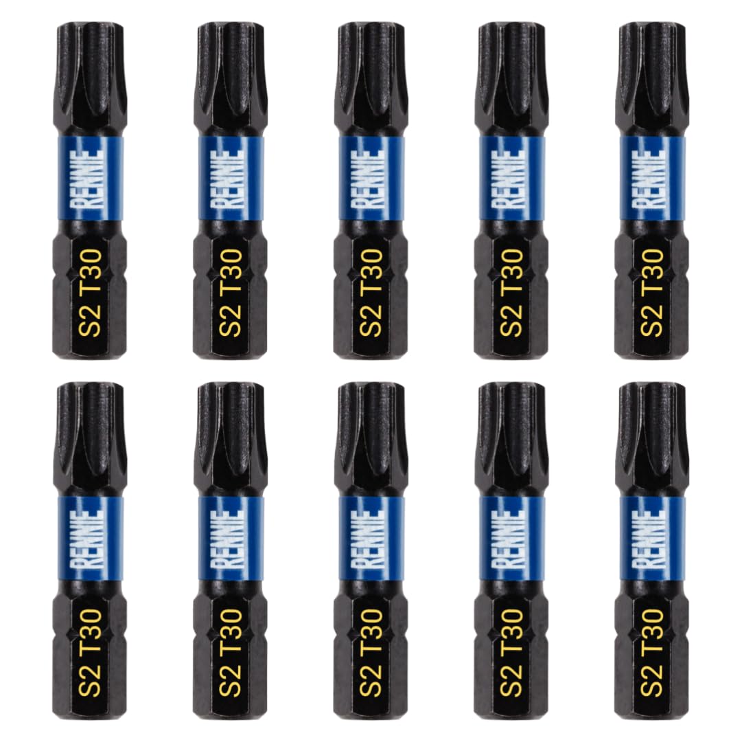 10 x Rennie Tools 32mm Long T30 TX30 Impact Screwdriver Driver Bits Set. Heavy Duty Magnetic Torx Screwdriver Bit Set. Black Oxide Coated Torx Impact Driver Bits. Torx Bit Set.