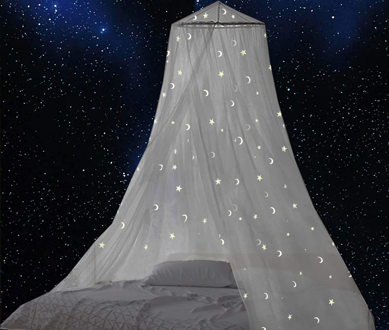 Comtelek Mosquito Net with Luminous Stars and Moon Bed Canopy No Punch Installation Bed Canopy for Girls and Boys for Single King Size Bed Suitable for Bedroom Decor Travel Keep away from Mosquitoes