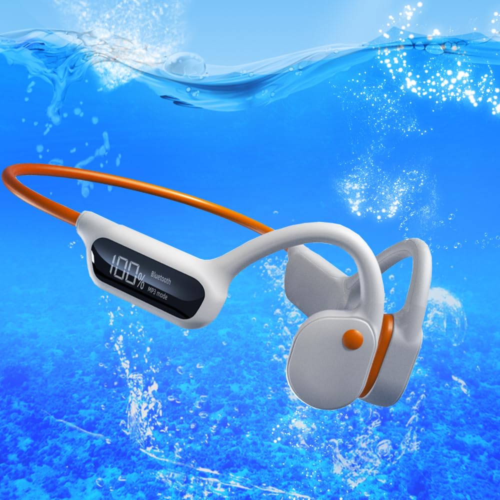 Photo 1 of DHBY Swimming Headphones Bone Conduction Open Ear Headset MP3 Player Built-in 32G Memory IP68 Underwater Waterproof Stereo Bluetooth Earphone LED Screen for Driving Bicycling Running Skiing-X10 White