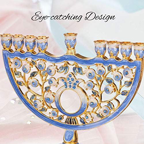 Matashi Hand Painted Blue Enamel Pomegranate Design Menorah Candelabra Embellished with Gold Accents and Crystals Jewish Candle Holder Hanukkah Gift Housewarming Showpiece Centerpiece for Living Room - Thumbnail 3