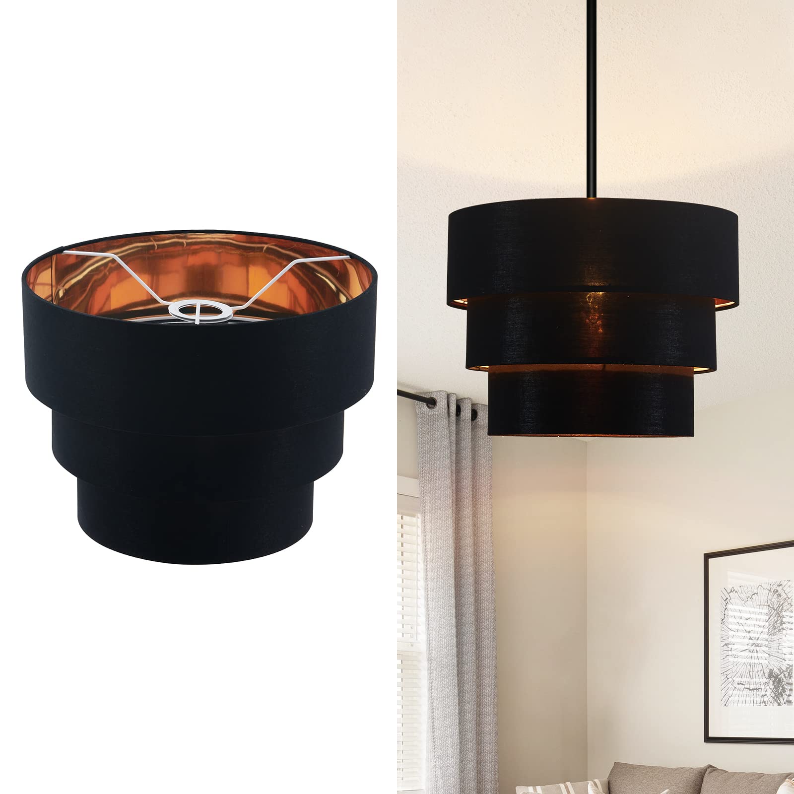 Photo 1 of EDISLIVE 3-tier Drum Linen Lamp Shade for Pendant Lamp Floor Lamp Chandelier Replacement Shade Clip on Bulb Classic Round Lampshade Cover Only (Black)