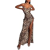 xxxiticat Women's High Split Cowl Neck Maxi Dress Sleeveless Chain Spaghetti Straps Cross Animal Leopard Print Party Dress