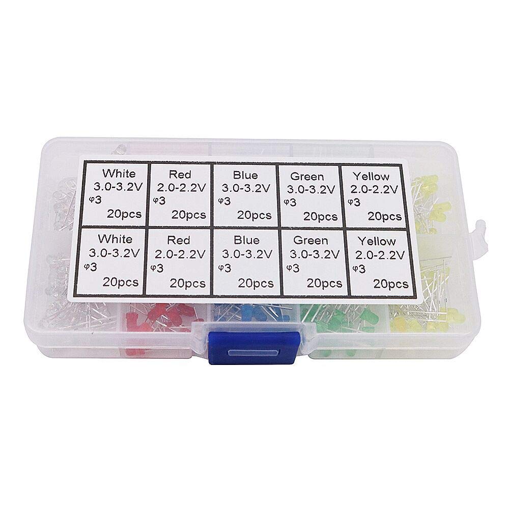 DollaTek 200Pcs 3MM LED Light Assorted Kit Red Green Blue Yellow White DIY LEDs Set