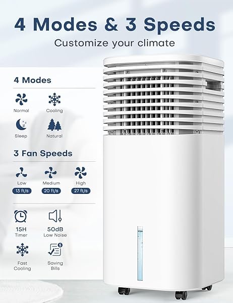 CENSTECH WINDOWLESS AIR CONDITIONER, SWAMP COOLER WITH 4 MODES & 3 SPEEDS, 15H TIMER FOR SMART AUTO-OFF, 2-GAL TANK FOR 20H COOLING, REMOTE, 120° OSCILLATING PORTABLE AIR CONDITIONERS NO HOSE NEEDED