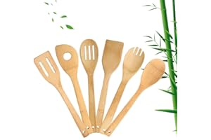 wotu 6 Piece Wooden Cooking Utensils, Natural Bamboo Nonstick Kitchen Spoons Spatula Sets for Cooking