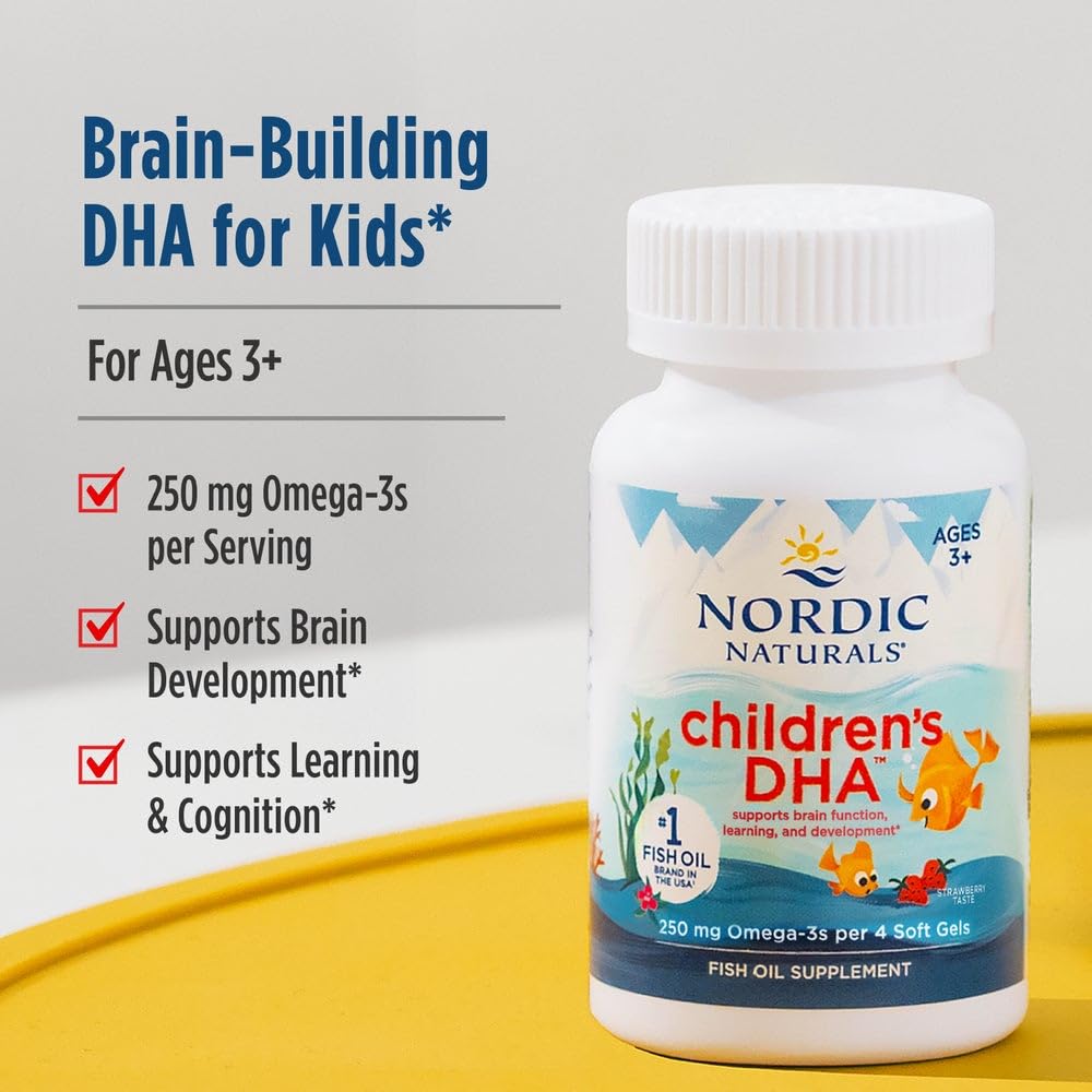 Nordic Naturals Children’s DHA, Strawberry - 90 Mini Chewable Soft Gels for Kids - 250 mg Omega-3 with EPA & DHA - Brain Development & Function - Non-GMO - 22 Servings