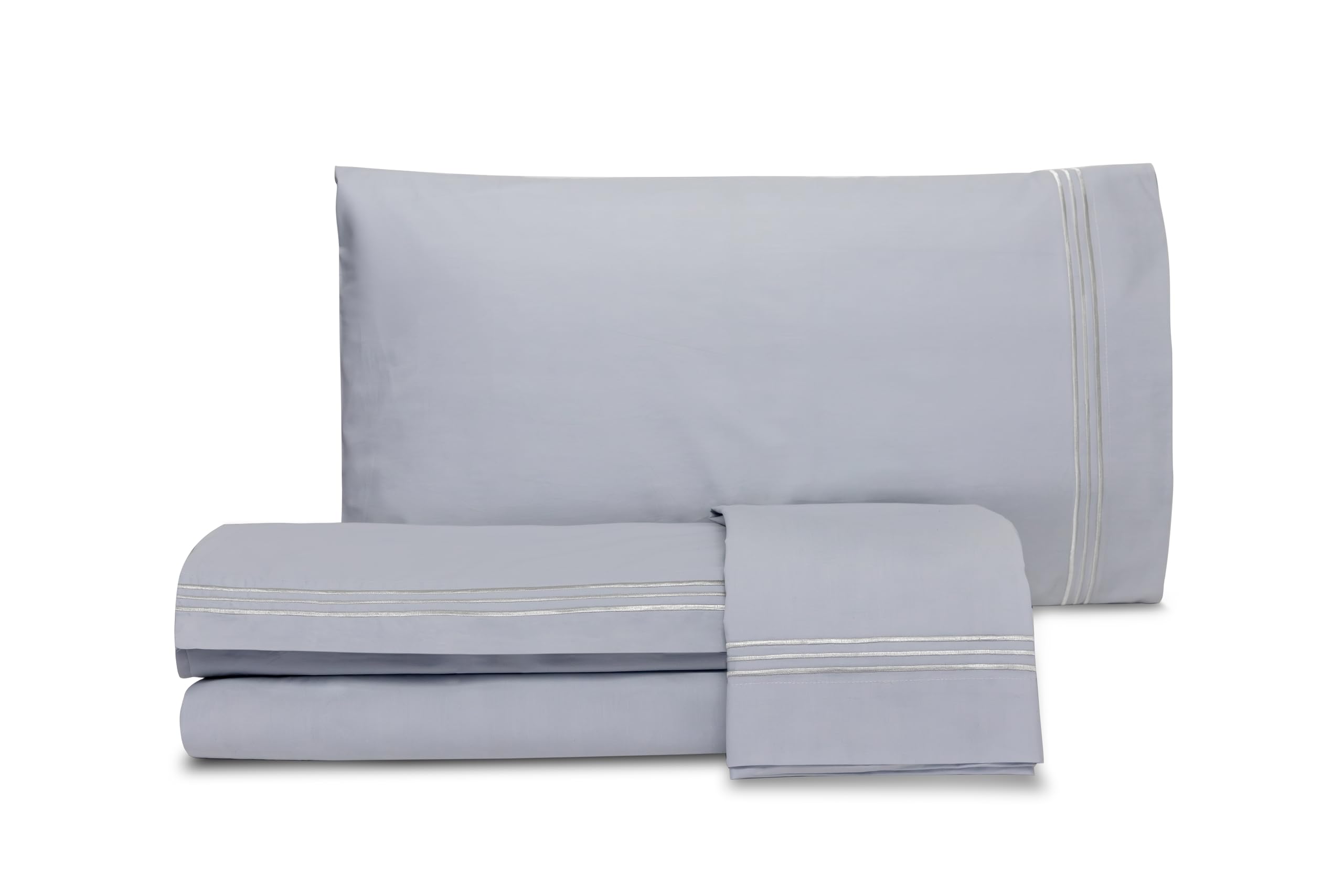 Laura Biagiotti, Double Bed Sheet Set, Plain with Embroidery, 100% Cotton Percale, Top Sheet, Fitted Sheet, Pair of Pillowcases, Pearl Grey