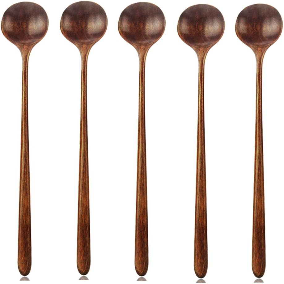 Long Spoons Wooden, 5 Pieces Korean Style 10.9 inches 100 Natural Wood