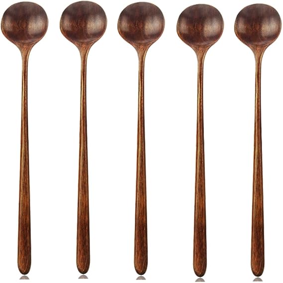 Long Spoons Wooden, 5 Pieces Korean Style 10.9 inches 100 Natural Wood