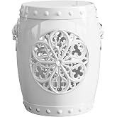 PatioZen 3-in-1 Drum Indoor/Outdoor Garden Stool, White | Storage &amp; Side Table &ndash; Premium PS Resin, Lightweight, Realistic Lion Head &amp; Floral Design,Easy to Clean &amp; Move