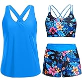 Holipick 3 Piece Tankini Swimsuits for Women Tummy Control Bathing Suits Swim Tank Top with Bra Boy Shorts Teen Swimwear