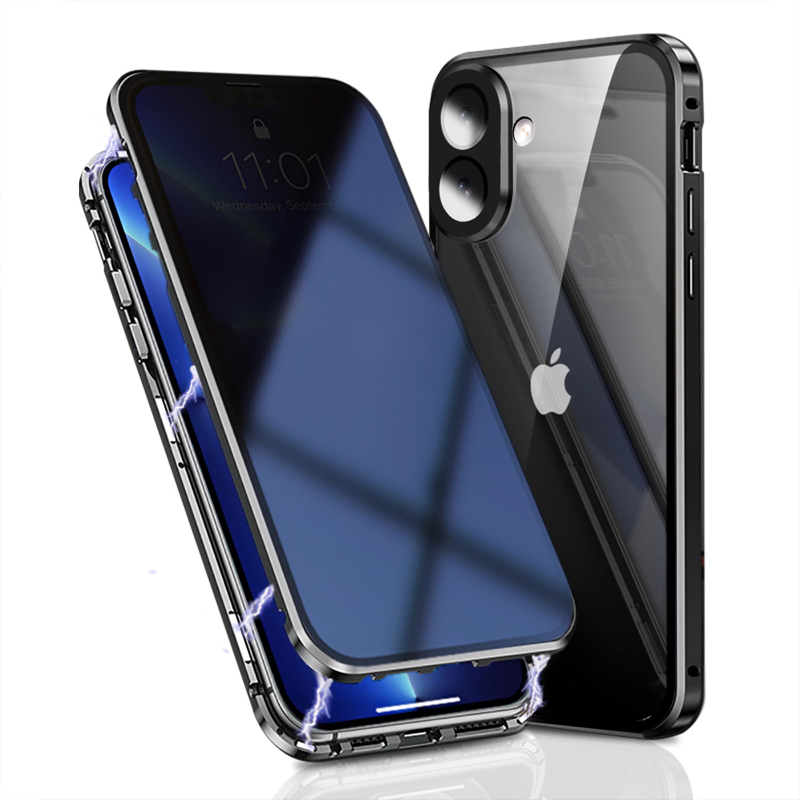 OMGZONE Privacy Case for iPhone 16 Magnetic Cover,Screen Protector built-in Anti-peep Tempered Glass Full Cover with Camera Protector,360 Degree Metal Bumper Case for iPhone 16,Black