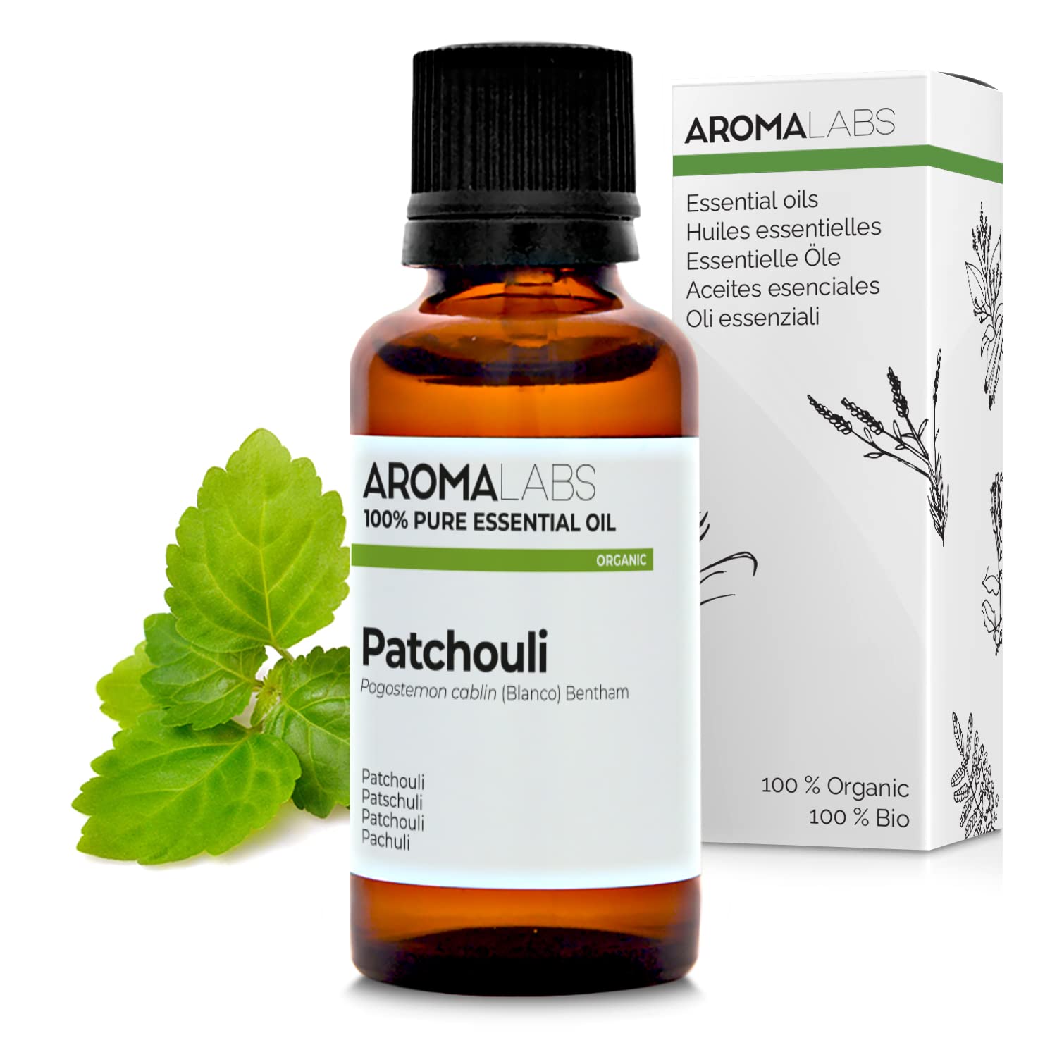 BIO - Patchouli Essential Oil - 30mL - 100% Pure, Natural, Chemotyped and AB/Cosmos Certified - AROMA LABS (French Brand)