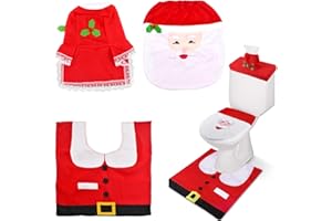 HDST-HOME 3 Pieces Santa Toilet Seat Cover Christmas Santa Theme Bathroom Decoration Set Toilet Seat Cover and Rug Set, Tank Cover, Toilet Paper Box Cover for Christmas Kitchen Appliance Bathroom Decorations