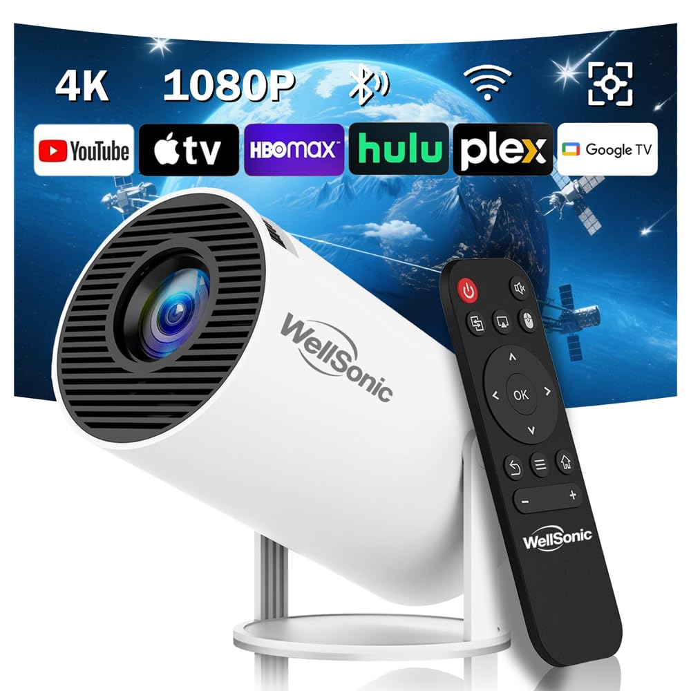 Photo 1 of ***NON-AMERICAN PLUG*** WellSonic Mini Projector Support 4K, 200 Ansi Outdoor & Home Movie Portable Projector with Wifi6 and 5.0 Bluetooth, Automatic Keystone Correction, 180°Rotatable, Compatible with HDMI USB PC Laptop
