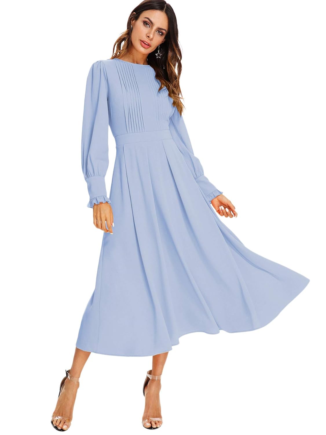 Milumia Women's Elegant Frilled Long Sleeve Pleated Fit & Flare Dress