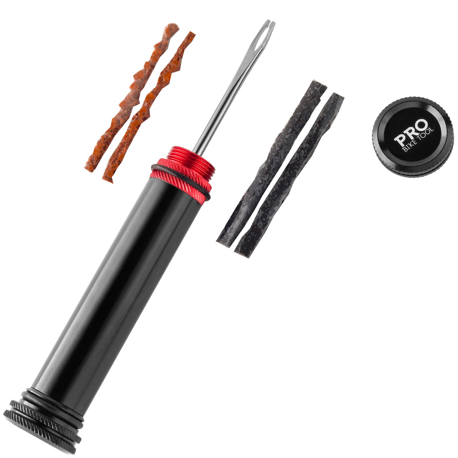 Tubeless Bike Tire Repair Kit – Handlebar Insert - for MTB and Road Bicycle Tires – Fix a Puncture or Flat, Fast – Tackle Set Includes Storage Canister Plugger Tool & Plugs - 2 Bacon & 2 Black Strips