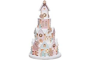 Braxio Indoor Christmas Decorations Resin Gingerbread House with LED Light - Traditional Cottage & Church Christmas Village Collectible Figurines, 5.0 x 5.0 x 8.25 Inch, Pink