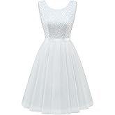BeryLove Sequin Dress Vintage A Line Wedding Formal Swing Tulle Dress Sleeveless Cocktail Mini Dress