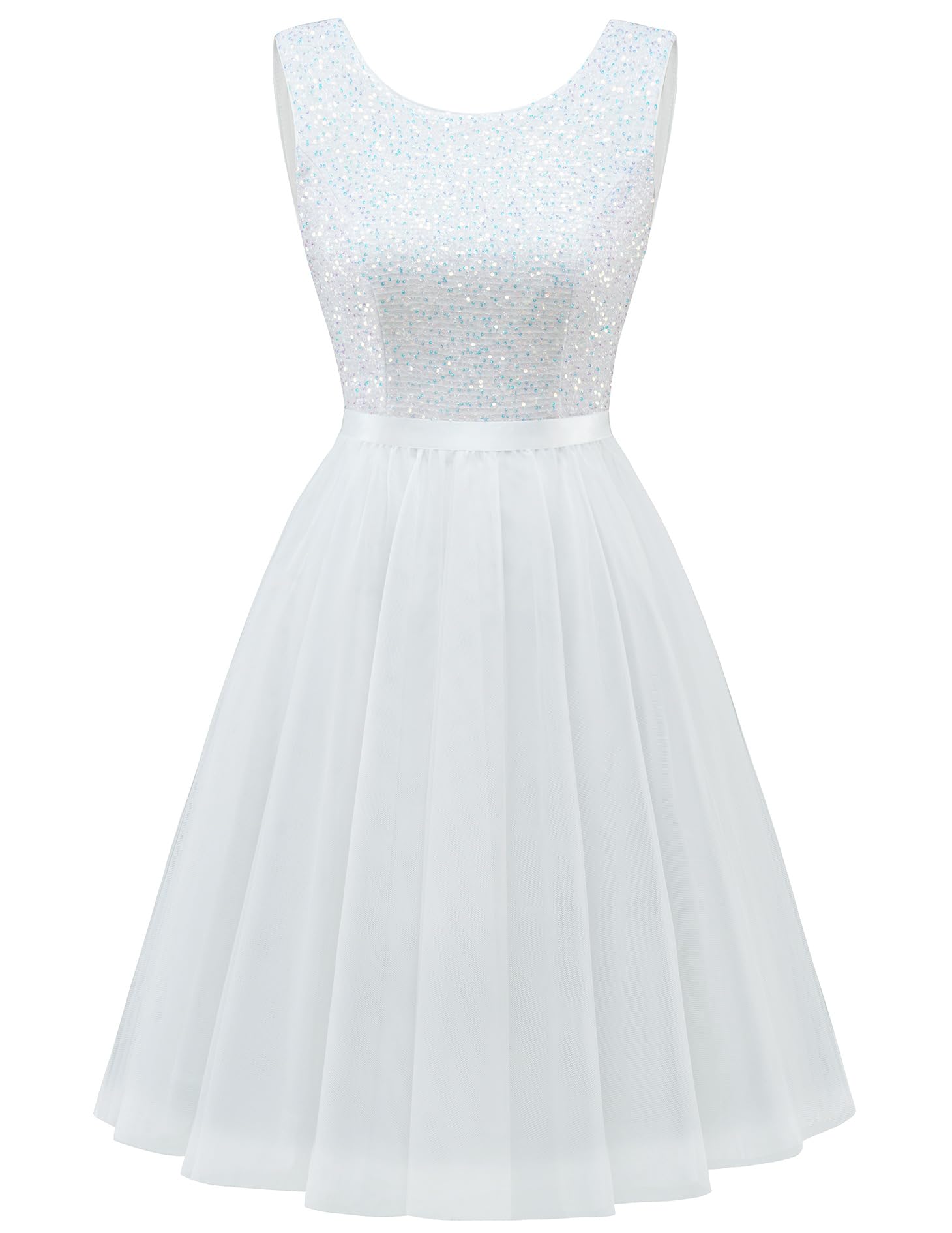 Photo 1 of BeryLove Homecoming Dresses for Teens Sequin Dress Sleeveless Cocktail Dresses Tulle Dress Mini Prom Party Formal Girls Dresses S002 White XS