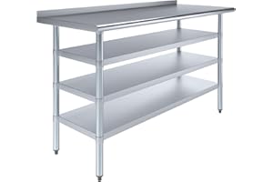 AmGood Stainless Steel Work Table with 1.5" Backsplash and 3 Shelves | Metal Kitchen Food Prep Table | NSF (60" Long x 24" Deep)