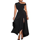 Ecirod Women Elegant Sleeveless One Shoulder Bodycon Maxi Dress High Split Ruched Waist Elegant Flowy Dresses Cocktail Party