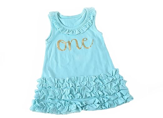 Amazon Com Baby Girl Aqua First Birthday Outfit Sparkly Gold One