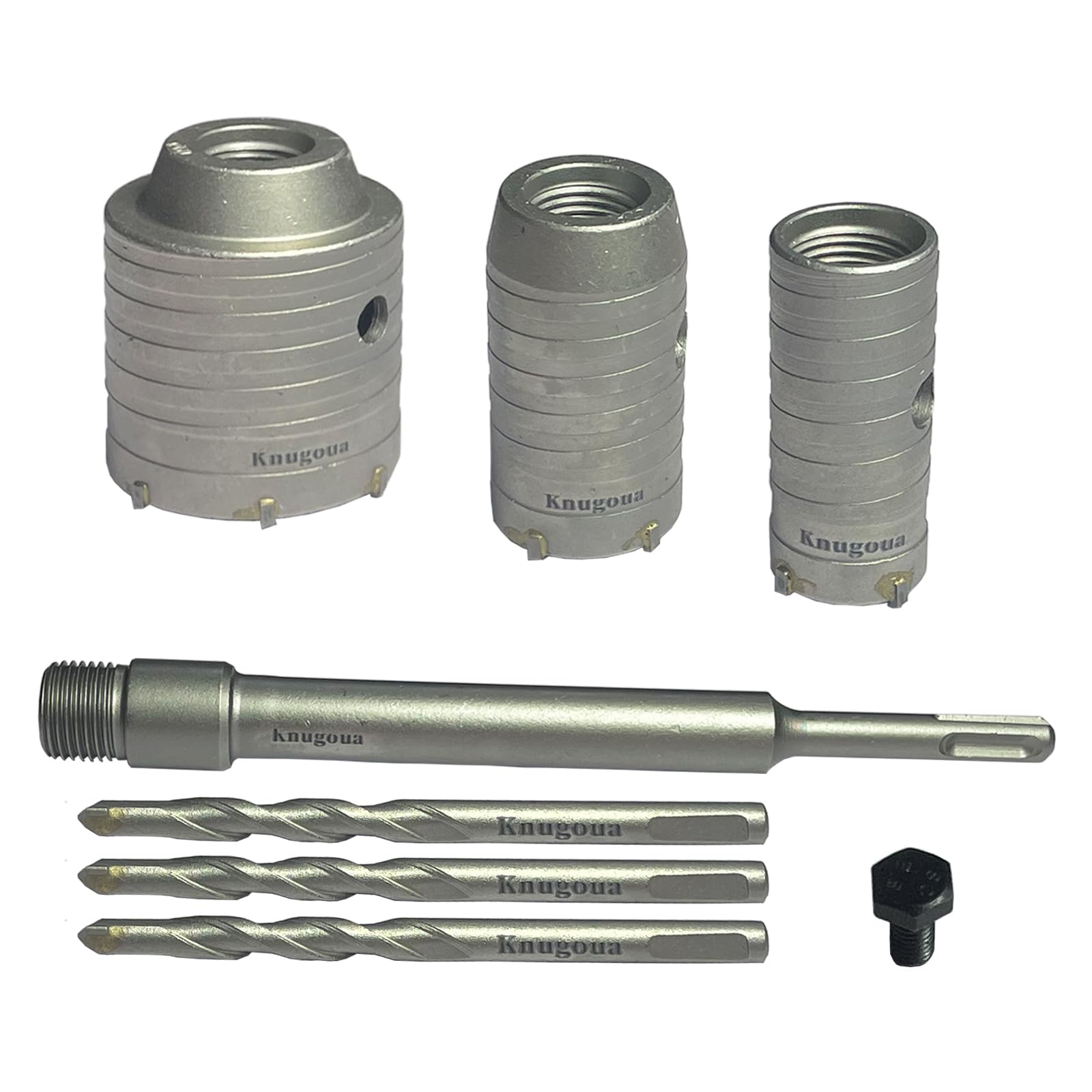 Concrete Hole Saw Kits, Tungsten Steel SDS Plus Shank Wall Hole Cutter Cement Stone Drill Bit Sets 1-2/11, 1-3/5, 2-9/25 Inch(30, 40, 60mm), with 8-7/10 Inch(220mm) Connecting Rod, 3 Center Drill Bits