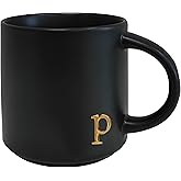 COLLECTIVE HOME - Black Monogram Ceramic Mugs, 15 oz Golden Initial Coffee Cups, Elegant Alphabet Tea Mugs, Personalized Halloween Mug with Gift Box, Perfect for Office and Home Décor (p)