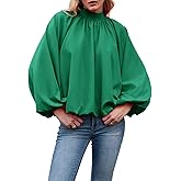 Skoinvb Womens Mock Neck Pleated Blouse Open Back Bow Tie Long Puff Sleeve Loose Fit Casual Shirt Cute Tops Fall