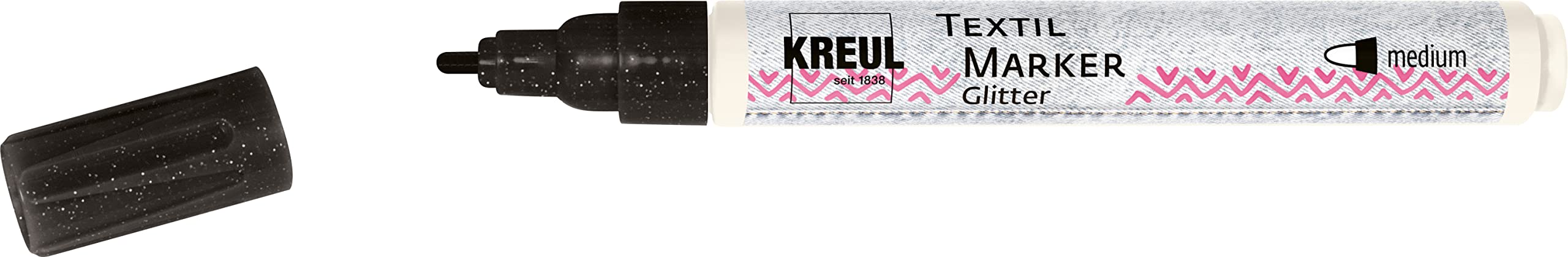 KREUL 92668 Textile Marker Glitter Medium Black Semi-Covering Fabric Paint Pen with Glitter Effect, Line Width Approx. 2 to 4 mm, for Light and Dark Fabrics, Washable after Fixing