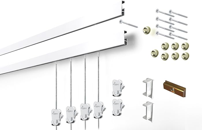 STAS Cliprail Complete Art Hanging Gallery System (4 Rails 12 Hooks and 8 Cables, White Rails)