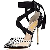 FSJ Women High Heel Ankle Strap Sandals Pointed Toe Rivets Pumps PVC Club Dress Shoes with Studs Fashion Size 4-15 US
