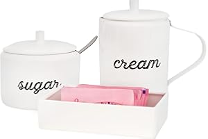 AuldHome Design Enamel Cream and Sugar Set, Rustic Farmhouse Set w/Sweetener Packet Holder, Sugar Bowl, Spoon and Cream Pitcher