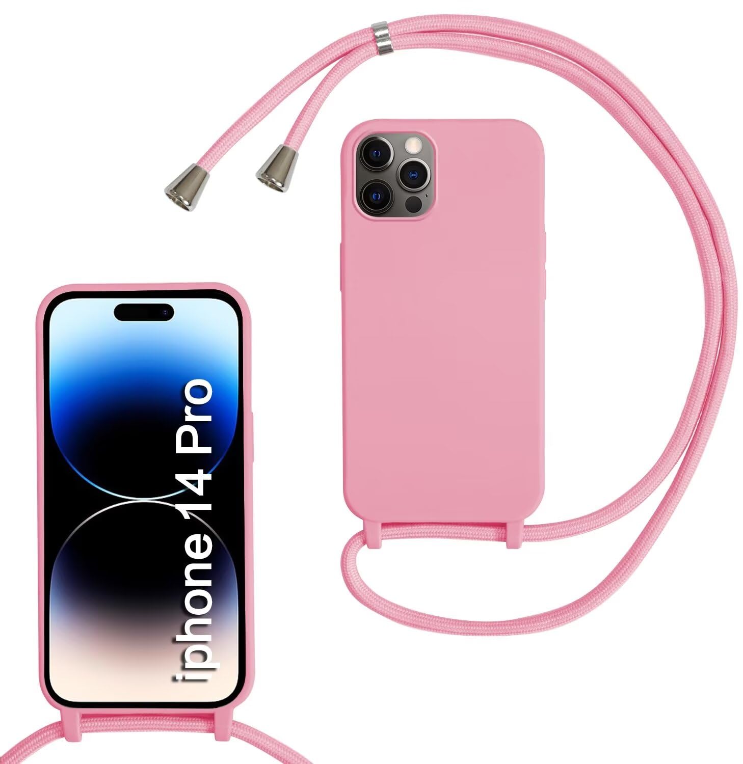 SLWYF Compatible with iPhone 14 Pro Crossbody Lanyard Case, Liquid Silicone Protective Phone Case with Strap Adjustable Neck Cord Necklace Soft Cover for iPhone 14 Pro, Pink