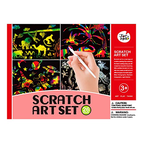 Jar Melo Combo Scratch Art Set: 26 Boards, 4 Stencil Sheet, 1 Stylus Tools, 2 Frames; Rainbow Scratch Pad Scratchboard Art Set for Kids