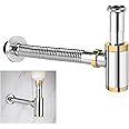 JEAPHA Brass Round Bottle P-Trap 1 1/4, Adjustable Bathroom Basin Sink Waste Trap Drain Kit with Rose Gold Trimming, ‎Polished ‎Chrome