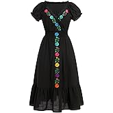 ABEHIK Women Mexican Dress Floral Embroidered Traditional Fiesta Dresses Summer V-Neck Short Sleeve Cinco De Mayo Outfits