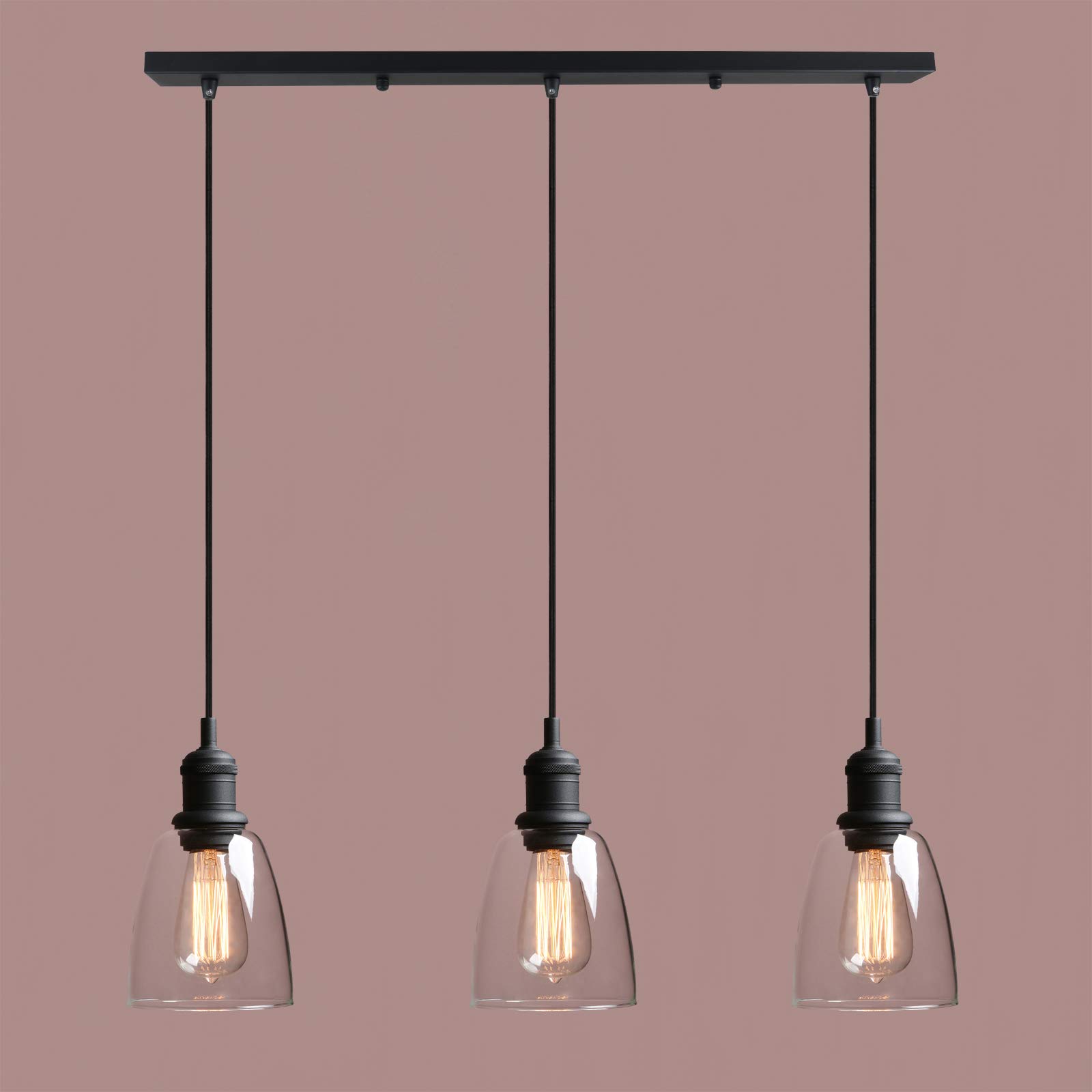 Yosoan Industrial Vintage Victorian Loft Bar 3 Way Pendant Light Fittings,Glass Chandelier, Hanging Ceiling 3 Lights Fixture for Kitchen Dining Room Living Room Restaurant Cafe (Black)