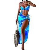 WDIRARA Women's 3 Piece Bikini Set Ombre Twist Ruched Swimsuit with Split Beach Skirt