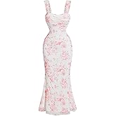 GORGLITTER Women's Floral Summer Wedding Guest Dress Ruched Cocktail Party Bridal Shower Formal Beach Midi Sun Dresses