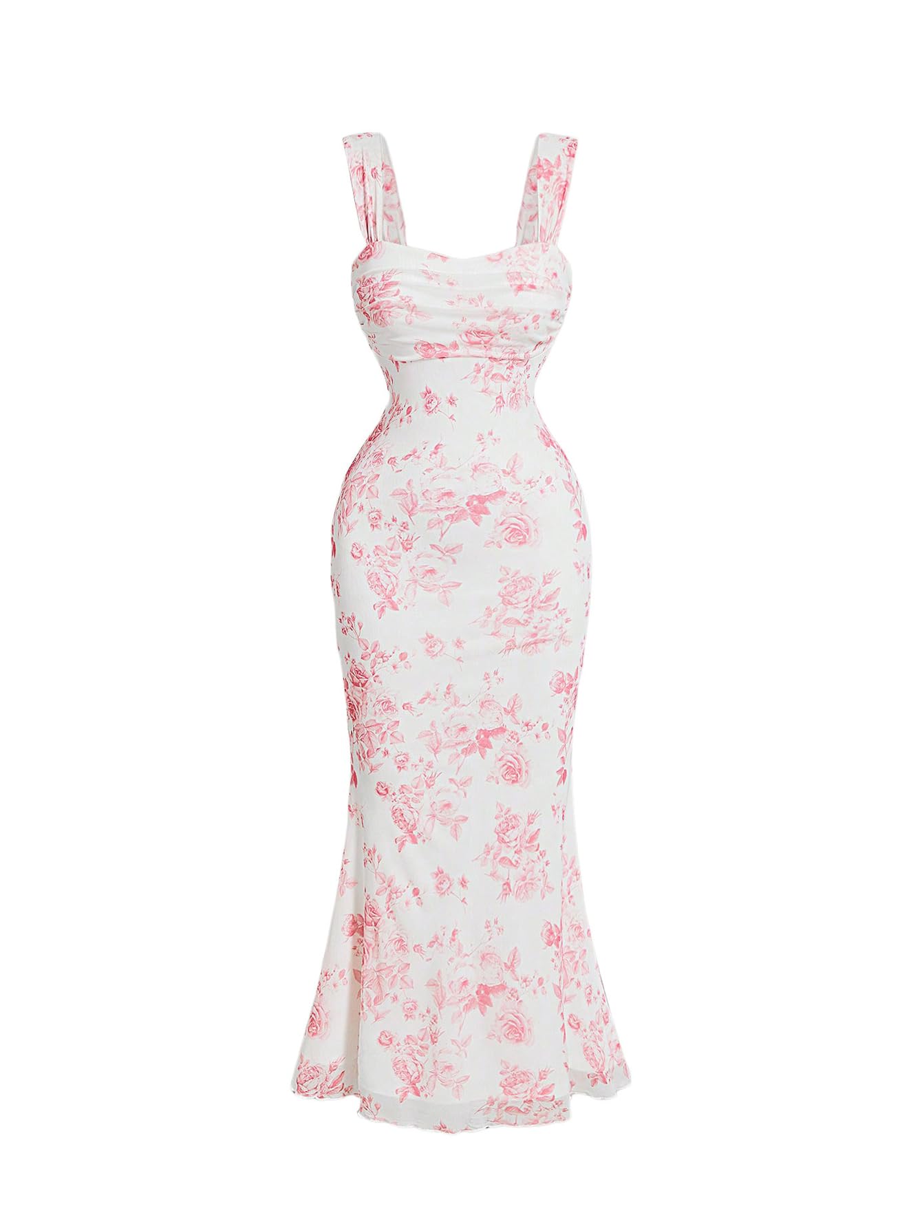 Photo 1 of GORGLITTER Women's Floral Ruched Bodycon Summer Wedding Guest Dress Mesh Fishtail Cocktail Midi Sun Dresses 2025 Pink Floral Large