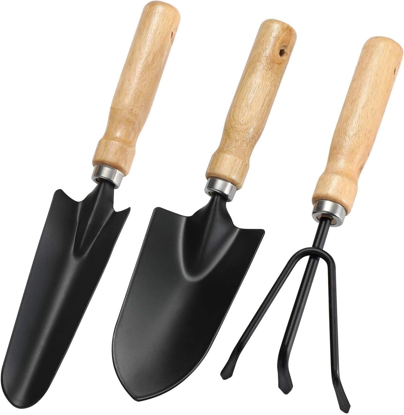 Garden Tool Set, 3 Piece Cast-Heavy Duty Gardening Kit Includes Hand Trowel, Transplant Trowel and Cultivator Hand Rake with Wood Handle, Garden Gifts Farm Herbs Indoor Outdoor Long 10.44inch (Wood)