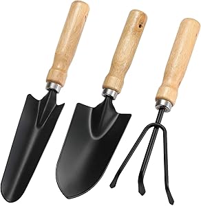Garden Tool Set, 3 Piece Cast-Heavy Duty Gardening Kit Includes Hand Trowel, Transplant Trowel and Cultivator Hand Rake with Wood Handle, Garden Gifts Farm Herbs Indoor Outdoor Long 10.44inch (Wood)