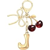 Snycler Bubble Initial Keychain with Bow & Cherry - Gold Letter Bag Charms for Women, Cute Purse Handbag Accessories