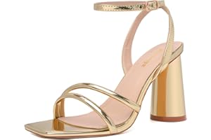 RIBONGZ Block Heels Prom Heeled Sandals for Women Chunky Square Open Toe Strappy High Heels Ankle Strap Wedding Bridal Shoes High Heel Sandals for Party Dress